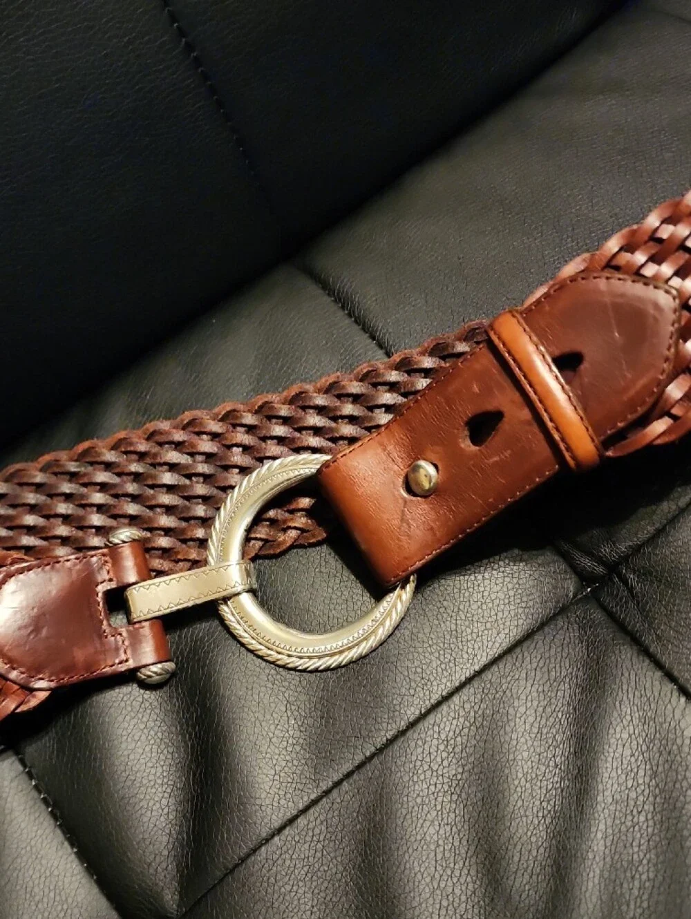 Brighton Brown Woven Leather Belt with Silver Ring Buckle